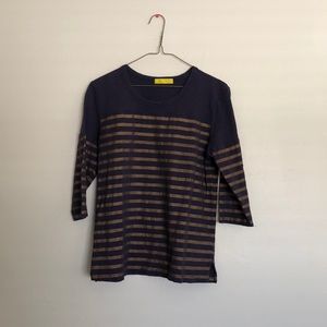 3/4 sleeve navy and gold foil stripped shirt